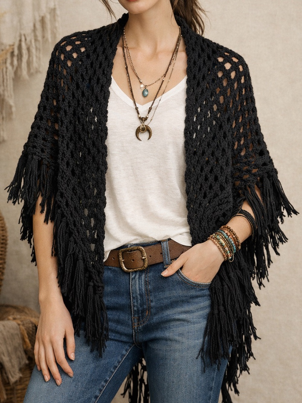 Handmade Boho Style Black Triangle Shawl Jessica Simpson